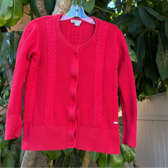 Lacoste 🐊 red cable knit  long sleeve button down cardigan sweater. - Picture 1 of 11
